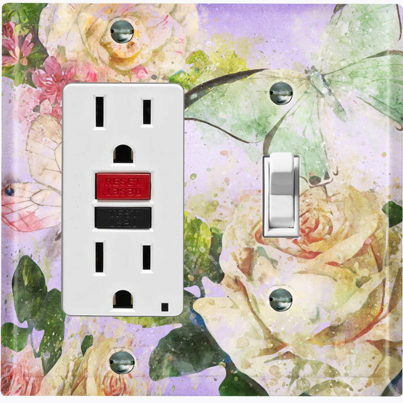 Couvercle de prise de plaque d'interrupteur d'éclairage à motifs en métal (fleur blanche rose mauve - (G) simple GFI / (R) simple à bascule) 2 bandes de lumière