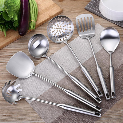 6-Piece Stainless Steel Cooking Utensils Set - Wok Spatula, Ladle, Skimmer Slotted Spoon, Pasta Spoon, Serving Spoon, Slotted Turner - Dishwasher Safe