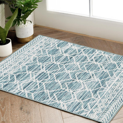 Tapis bleu marocain à motif géométrique antidérapant lavable