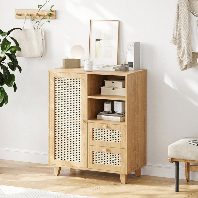 Rattan Buffet Cabinet With Adjustable Shelf, Sideboard With Drawers For Living Room, Kitchen, Entryway, Natural