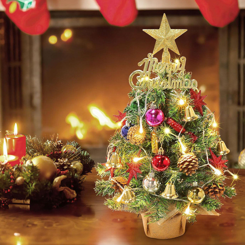 22-Inch Green Plastic Tabletop Christmas Tree with LED Lights and Ornaments