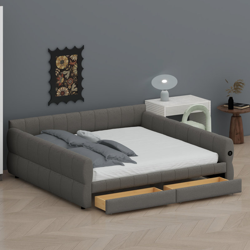 Lit tapissier moderne avec connectivité USB et tiroirs de rangement intégrés, Gris
