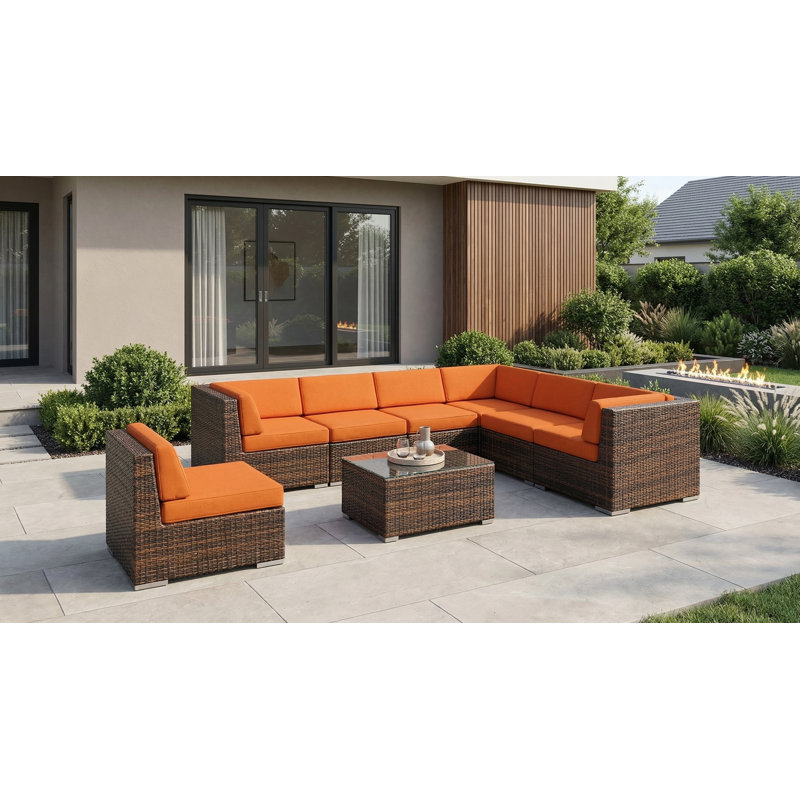 Billyjo Wicker 7 - Person Seating Group with Cushions - No Assembly, Mixed Brown, Tuscan Sunbrella® Canvas