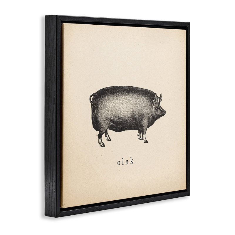 "Oink Farm Pig Sounds", art mural encadré par Wild Apple, H 18 po x l 18 po, Cadre flottant noir de jais