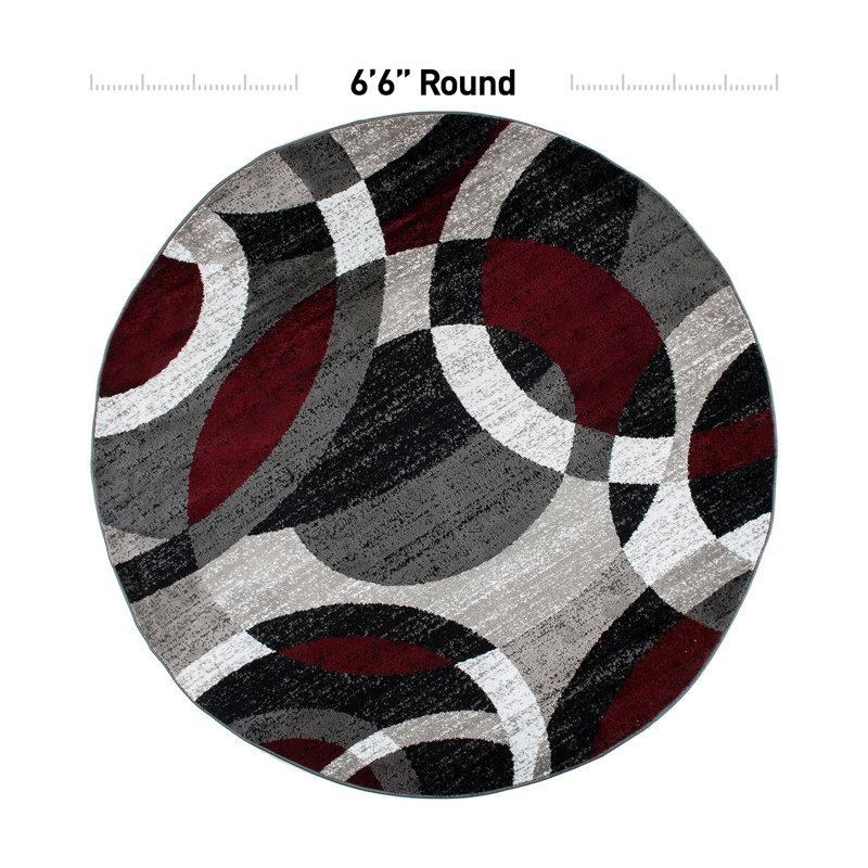 Archeveque Woven Abstract Burgundy/White/Black Area Rug – Modern Geometric Circles Polypropylene Carpet for Living Room, Bedroom, or Hallway