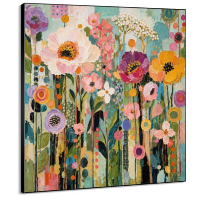Impression sur tissu grand format - Motif floral abstrait coloré de jardin printanier pour salon ou chambre - « Assemblage du cadre requis (cadre non fini) »