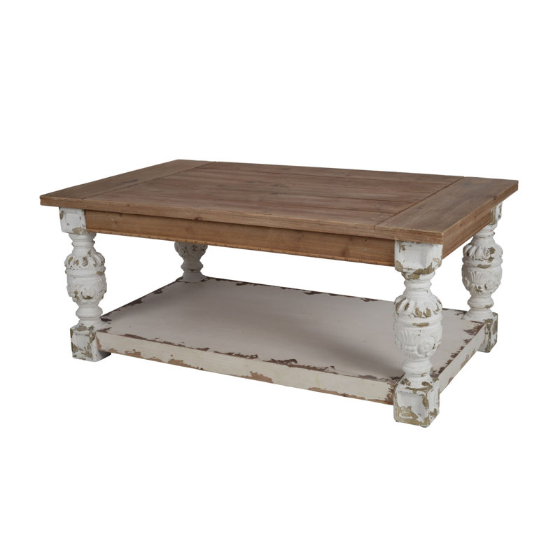 Whitewash Fir Wood Rectangular Coffee Table with Storage and Carved Legs
