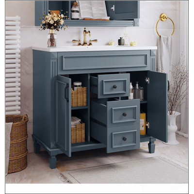 Meuble-lavabo 36 po avec lavabo supérieur, armoire de rangement moderne avec 2 portes à fermeture douce et 2 tiroirs, meuble-lavabo simple