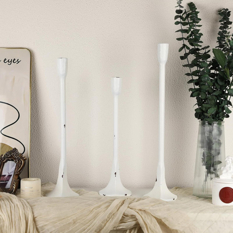 Set Of 3 White Iron Taper Candle Holders