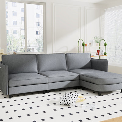 Canapé d'angle quatre places en tissu gris de 274 cm (107,8 po) avec revêtement respirant, ressorts ensachés, réglable, poches latérales sur les accoudoirs, structure en bois, siège confortable, accoudoirs pour la maison.