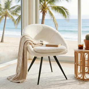 Fauteuil de coiffeuse moderne avec dossier incurvé, fauteuil de bureau sans accoudoirs sans roulettes, fauteuil d'appoint confortable avec pieds noirs pour la chambre à coucher, le salon et les petits espaces (blanc)