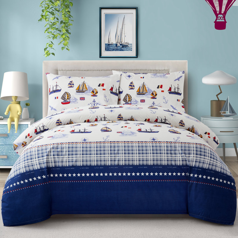Ensemble de housse de couette en coton imprimé à motif de bateau pour enfant 4 pièces Marina