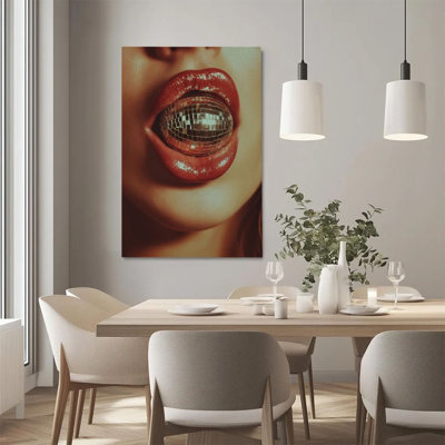 1Pc Framed Canvas Poster Print Disco ball, sexy lips, surrealistic art style Wall Art Wall Pediments, Wall Decor, Perfect for Room Decor Living Room Bedroom Office Kitchen Bathroom Home Decor, Ideal Home Wall Decoration