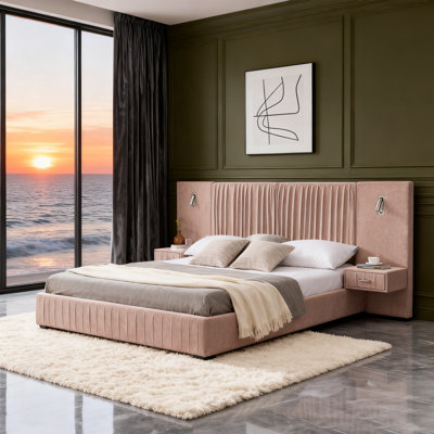 Upholstered Bed Frame With Chenille Fabric, Pleated Design, Headboard, Solid Frame, And Bedside Table, No Box Spring Needed by Latitude Run