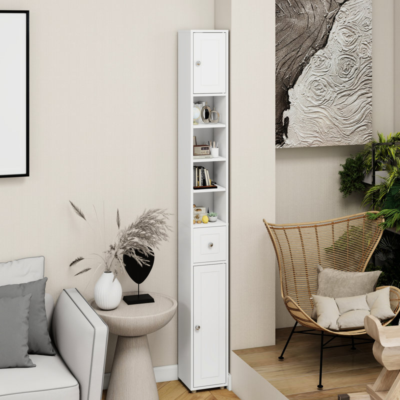 Tall Slim Storage Cabinet - 71" White With 4 Adjustable Shelves 1 Drawer, 2 Doors For Various Rooms Freestanding Doors, Bathroom Stylish Wood Grain Look