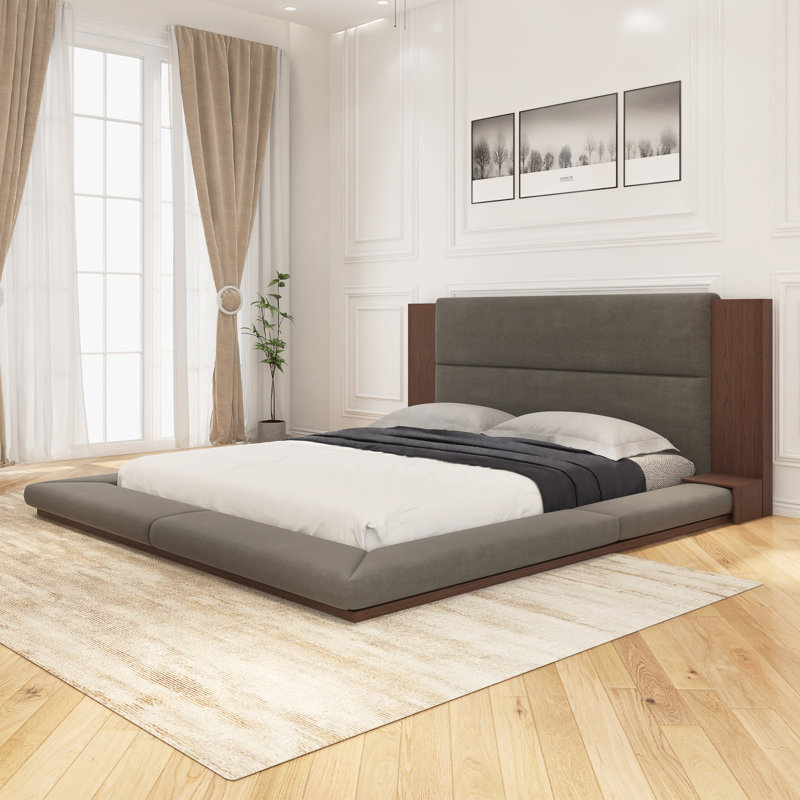 Grand lit tapissier moderne en polyuréthane avec tête de lit ergonomique à oreilles, Noir