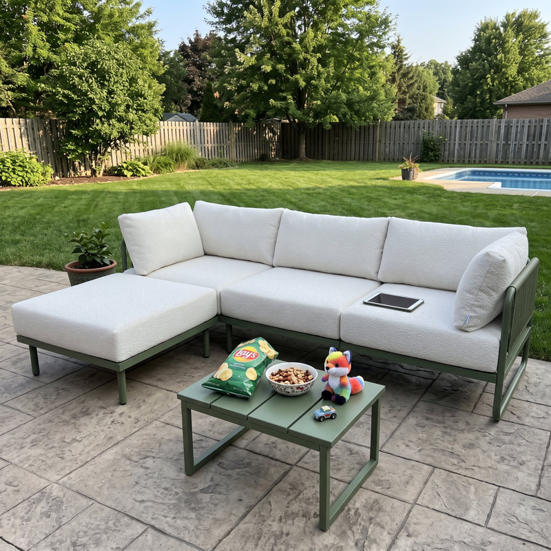 Canapé d'angle Sylva avec fauteuil sans accoudoirs et table basse ottomane