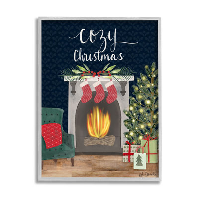 Cozy Christmas Fireplace Mantle, art de la giclée encadrée par Katie Doucette