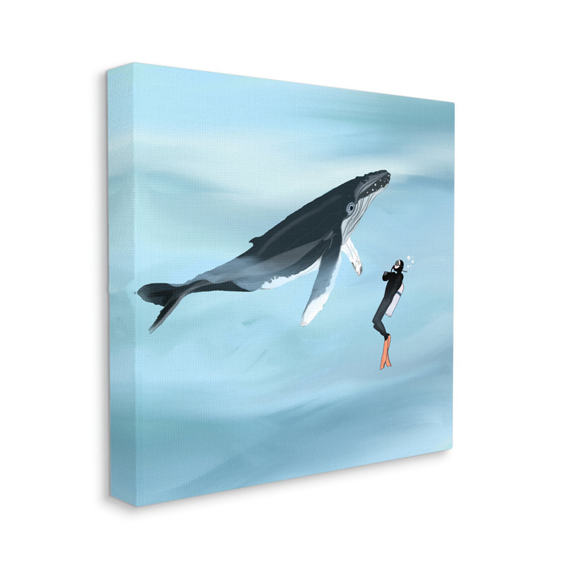 «Underwater Scuba Diver and Whale Friends» par Ashley Singleton - impression sur toile tendue, H 17 po x l 17 po x P 1,5 po
