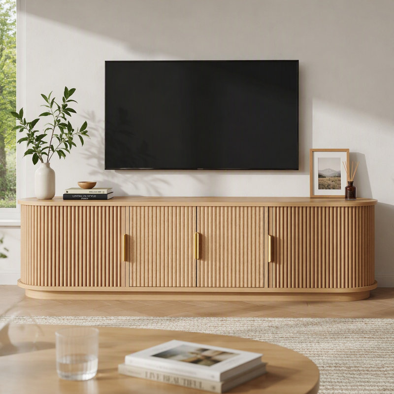 Meuble télé de style champêtre en bois cannelé avec porte coulissante à tambour, console multimédia de rangement réglable avec passe-câbles et poignées dorées pour salon