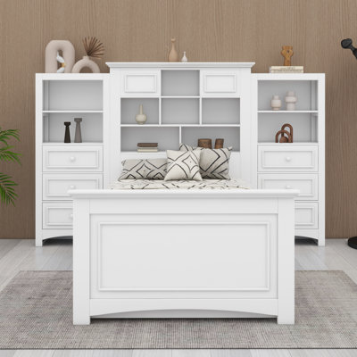 Lit plateforme en bois avec armoire, tablettes et tiroirs de chaque côté