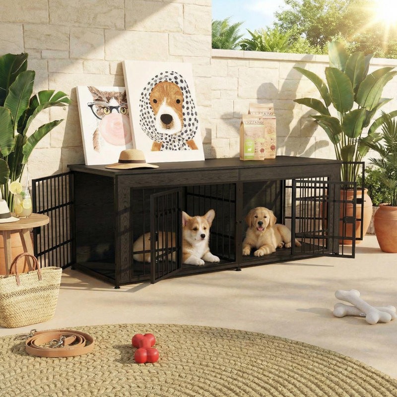 Grande cage de 63 po pour 2 chiens, chenil d'intérieur avec grand comptoir, meuble télé double avec cage pour petits et moyens chiens.