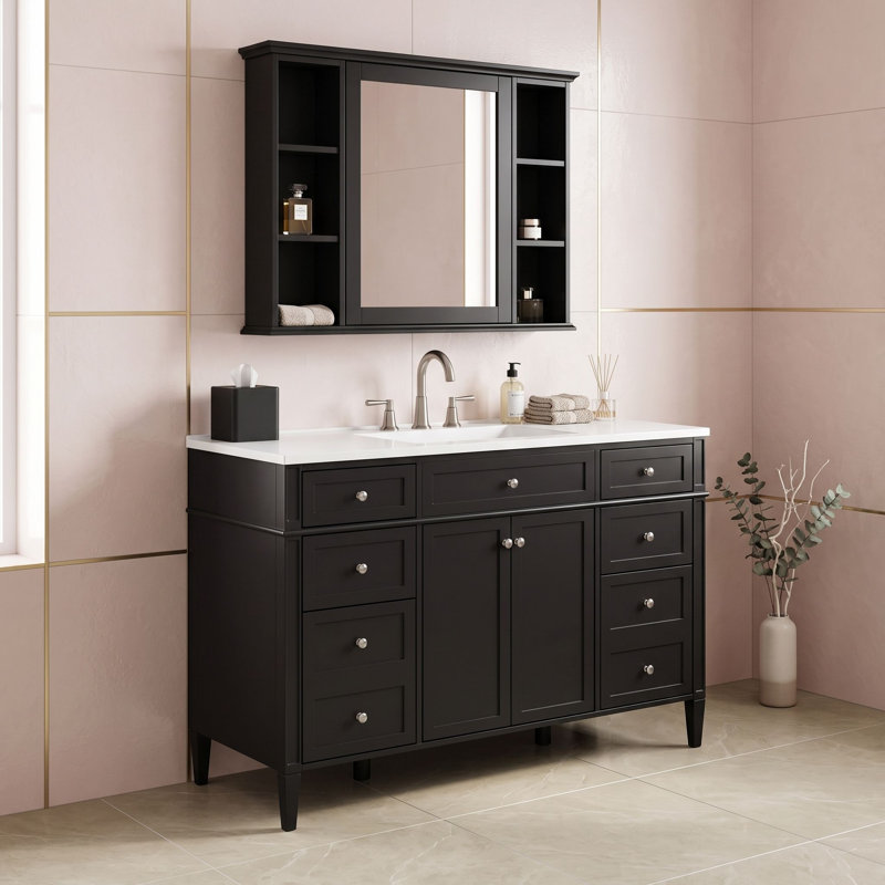 Meuble-lavabo 48 po avec comptoir intégré, 6 tiroirs et 2 portes à fermeture en douceur, Black