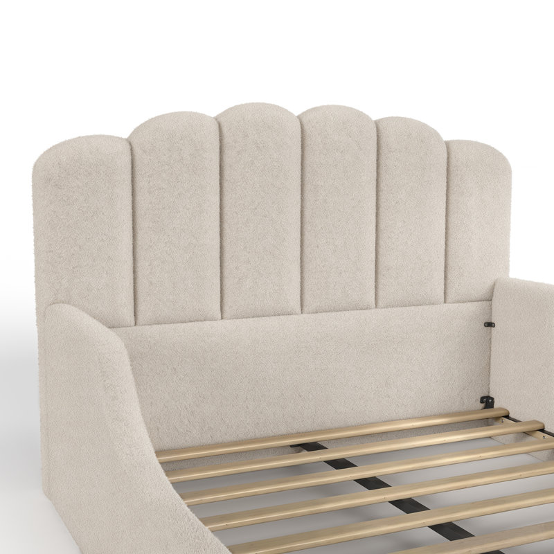 Lit de sol rembourré en tissu Teddy, cadre de lit pour enfant bas, Double, Beige