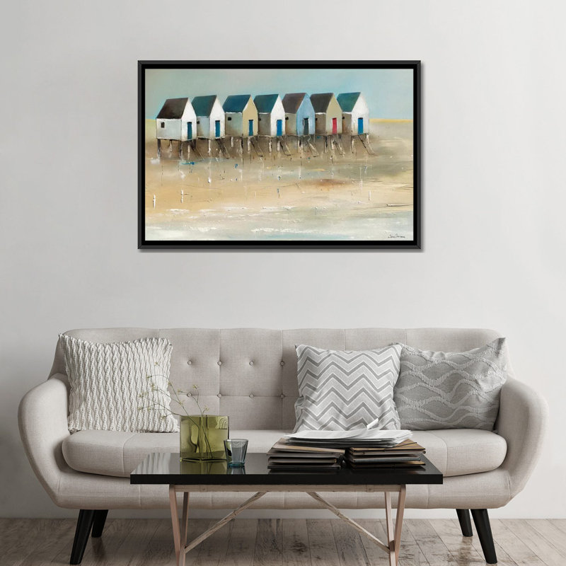 «Beach Cabins I», reproduction sur toile, H 18 po x l 26 po x p 1,5 po, Toile avec cadre noir, Pas de tapis