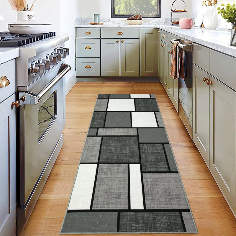 Tapis gris délavé à motif géométrique moderne et lavable, Tapis de couloir 2 pi x 6 pi