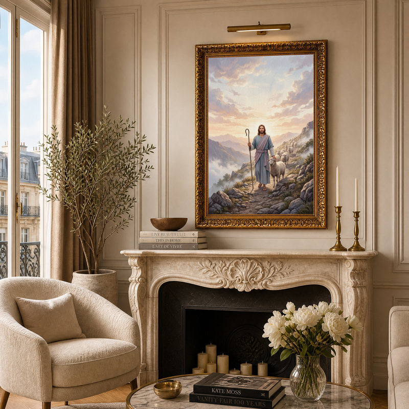 Art mural sur toile, "Jésus conduisant un mouton sur un chemin de montagne", H 24 po x l 16 po