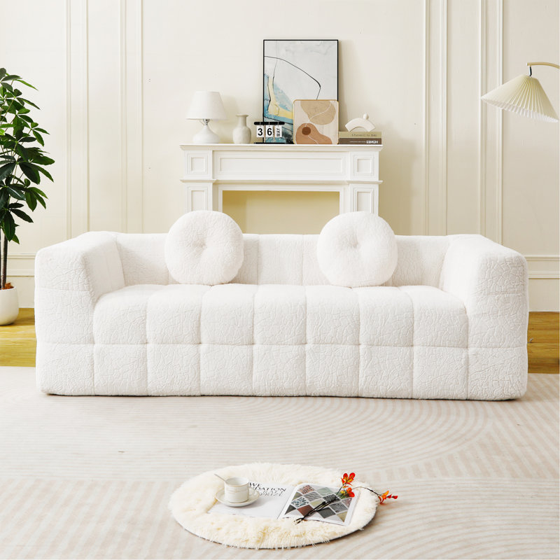 Canapé moderne désossé avec coussins décoratifs circulaires, tissu en polyester à poils longs texturé litchi doux pour la peau, tissu à carreaux