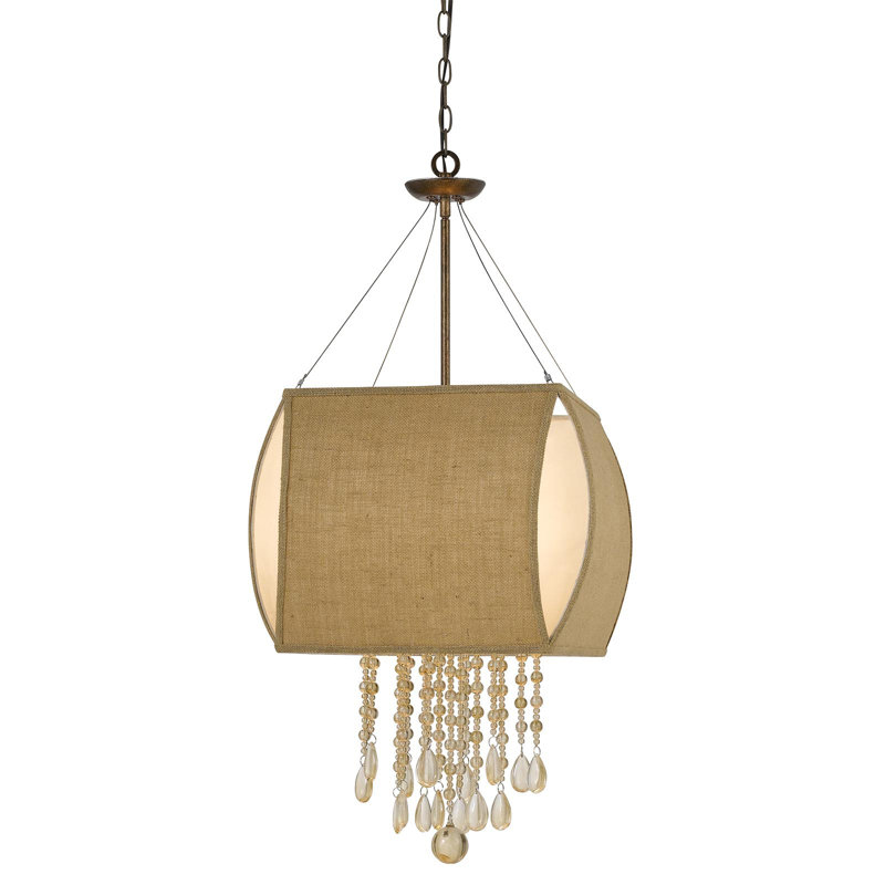 Lustre Ark en cuivre de 40 cm de haut, 4 lumières, avec abat-jour en tissu beige, douille E12 60W et chaîne en métal de 1,8 m.