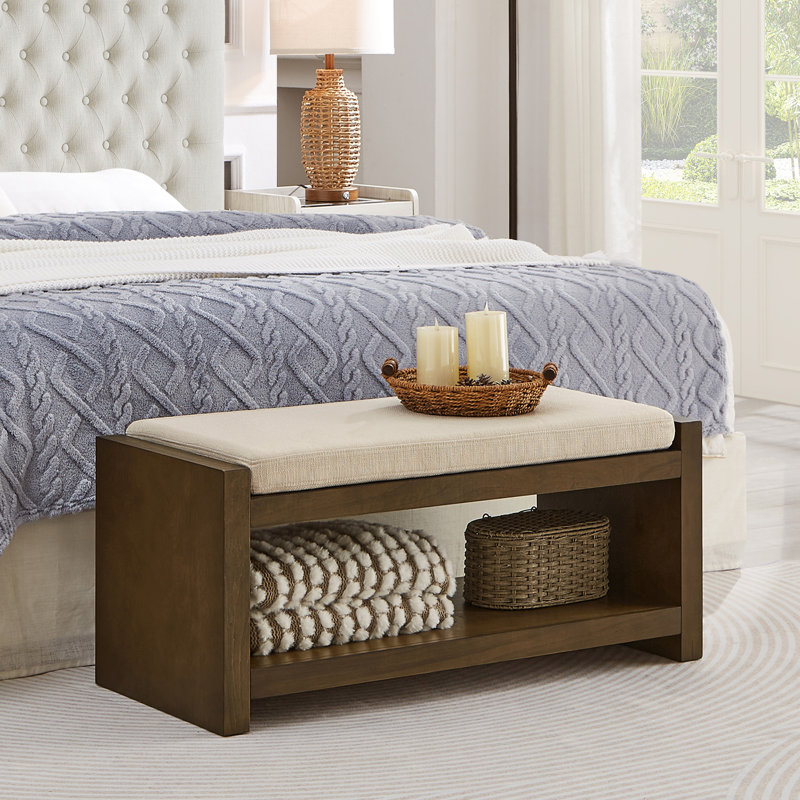 40" Accent Bench with Lower Shelf Shoe Rack, Padded Seating Bench for Living Room, Modern Compact Bed End Bench with Storage for Bedroom Seating, Removable Cushion, 40"W