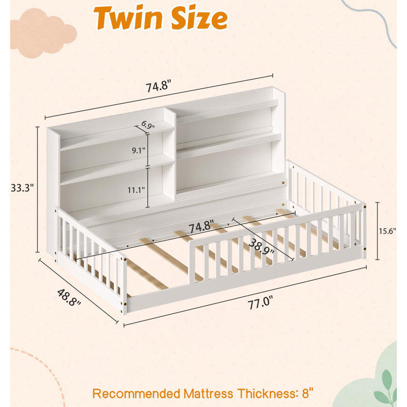 Lit pour enfant en bois de pin massif avec bibliothèque intégrée, lit simple Montessori avec rails de sécurité
