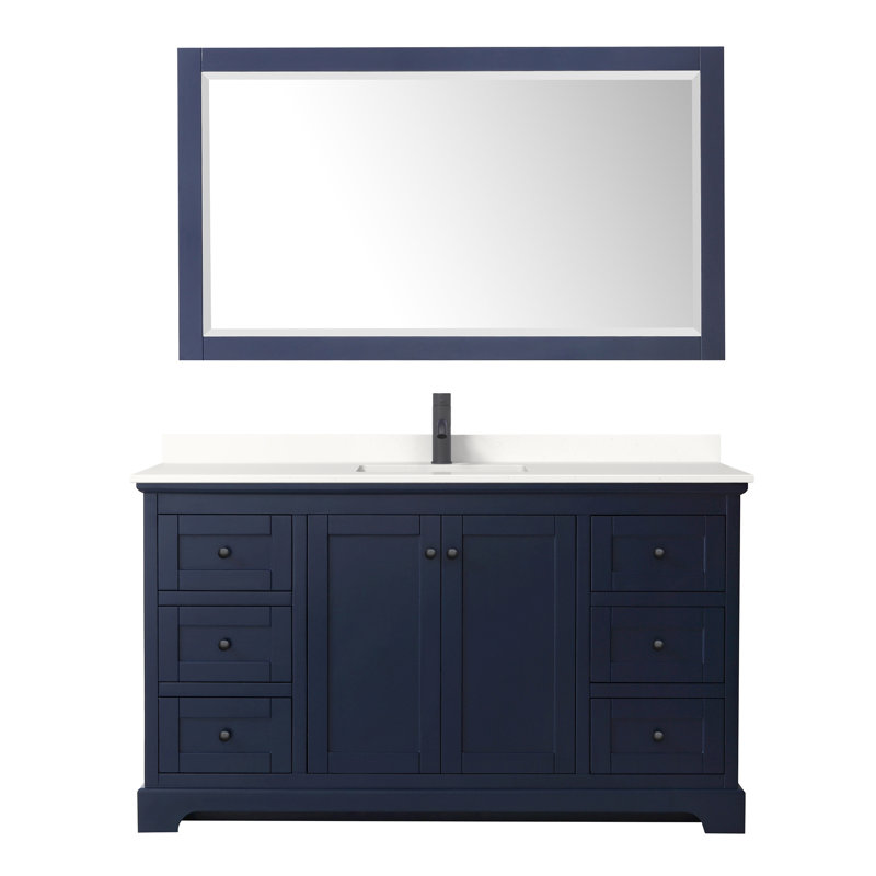 Avery 60'' Single Bathroom Vanity with Top, Light Vein Carrara Cultured Marble, Dark Blue, Polished Chrome