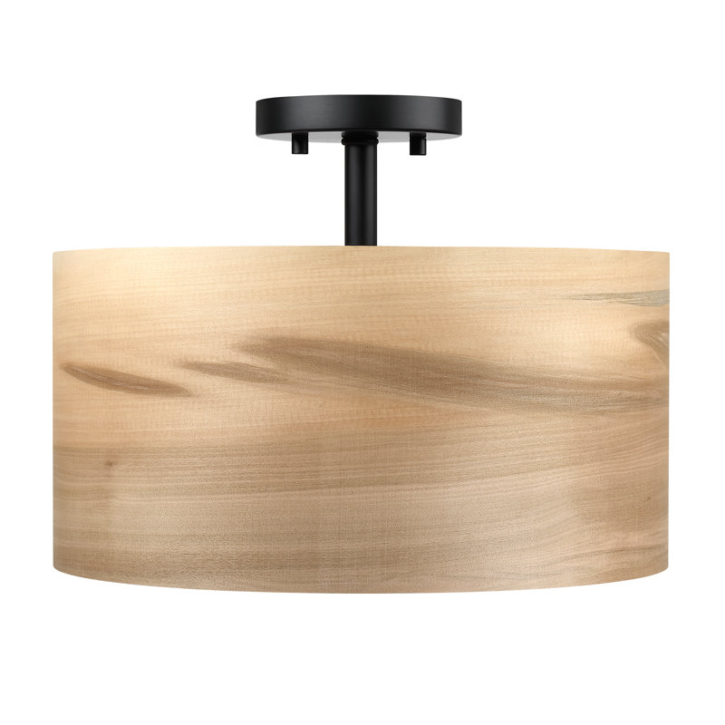 14 In. 2-Light Wood Veneer Drum Ceiling Light Semi Flush Mount, 14'' W - 2 sockets