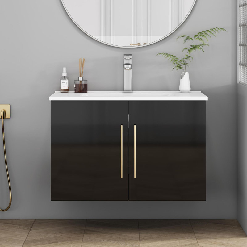 de meuble-lavabo noir brillant de deux pouces, portes doubles en MDF, style moderne