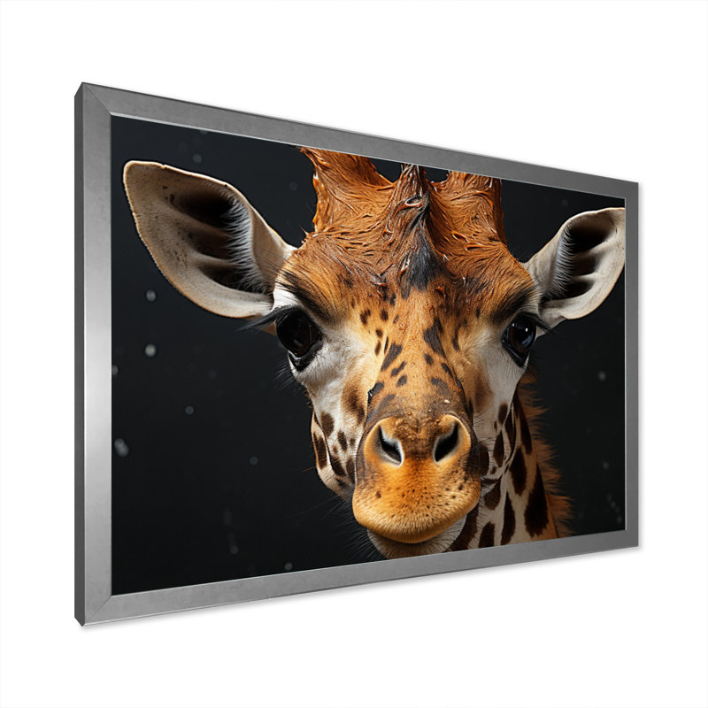 Portrait de girafe noir et blanc II - impression, Cadre simple argenté, H 12 po x l 20 po x P 1 po