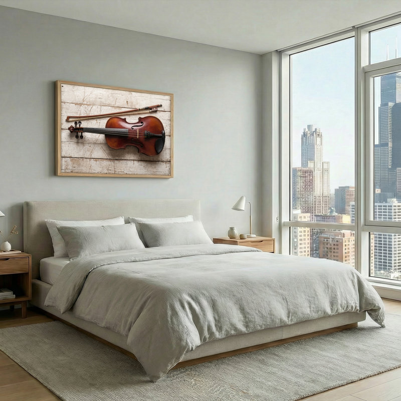Ensemble de 1 tableau sur toile représentant un violon et un archet, 18"H x 24"W, Natural