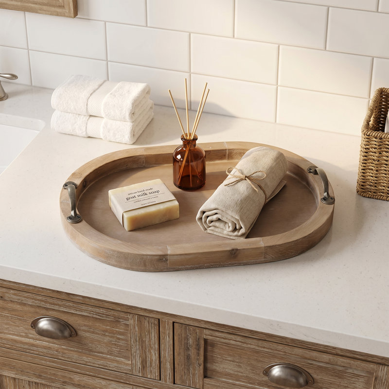 Plateau de service ovale en bois blanchi rustique avec poignées - Plateau décoratif de ferme pour table basse, repose-pieds, cuisine et meuble-lavabo