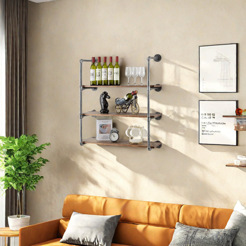 Tablettes flottantes pour étagères à tuyaux industrielles murales, tablettes à tuyaux avec tablette en bois, tablette flottante en métal fixée au mur, étagères à livres suspendues (3 niveaux, 36 po)