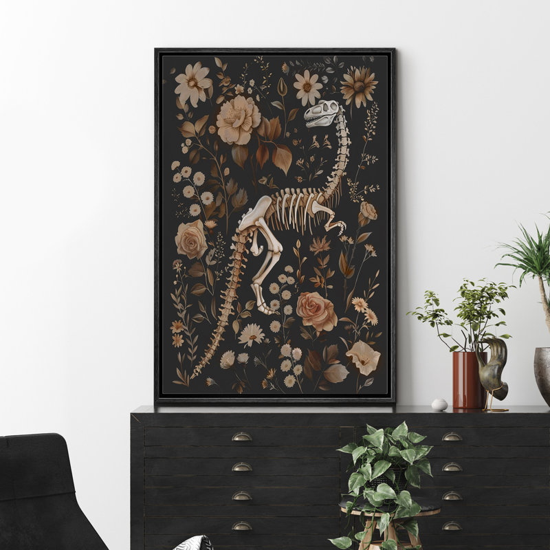 Peinture de botanique crâne de dinosaure Moody, Noir, H 24 po x l 16 po