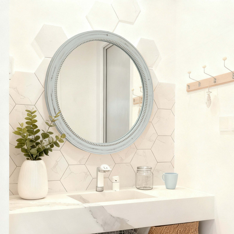 Miroir mural rond rond en bois vieilli blanc 23,62 po