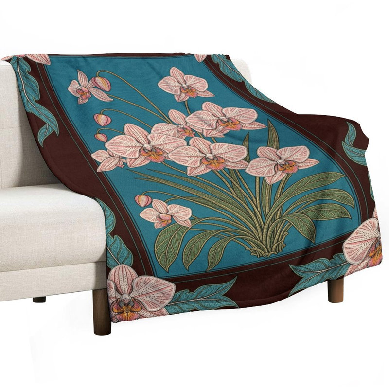 Plaid en flanelle de luxe à motif d'orchidées, doux et chaud, idéal pour le salon, le canapé ou le lit. Décoration intérieure.