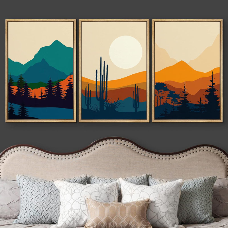 Neon Desert and Forest Landscape Vistas Nature Wilderness Digital Art Modern Landscape, 36" H x 72" W, Natural Floater Framed