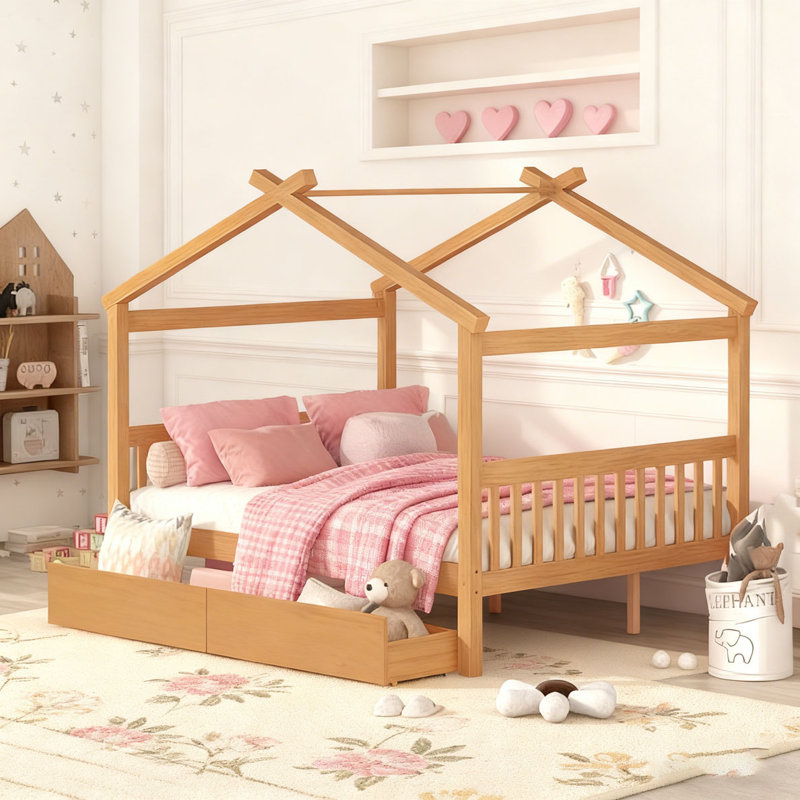 Lit en bois avec tiroirs, Naturel, Simple