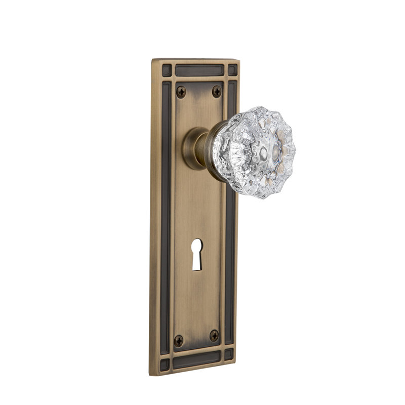 Clear Crystal Interior Mortise Door Knob with Mission Long Plate, Antique Brass