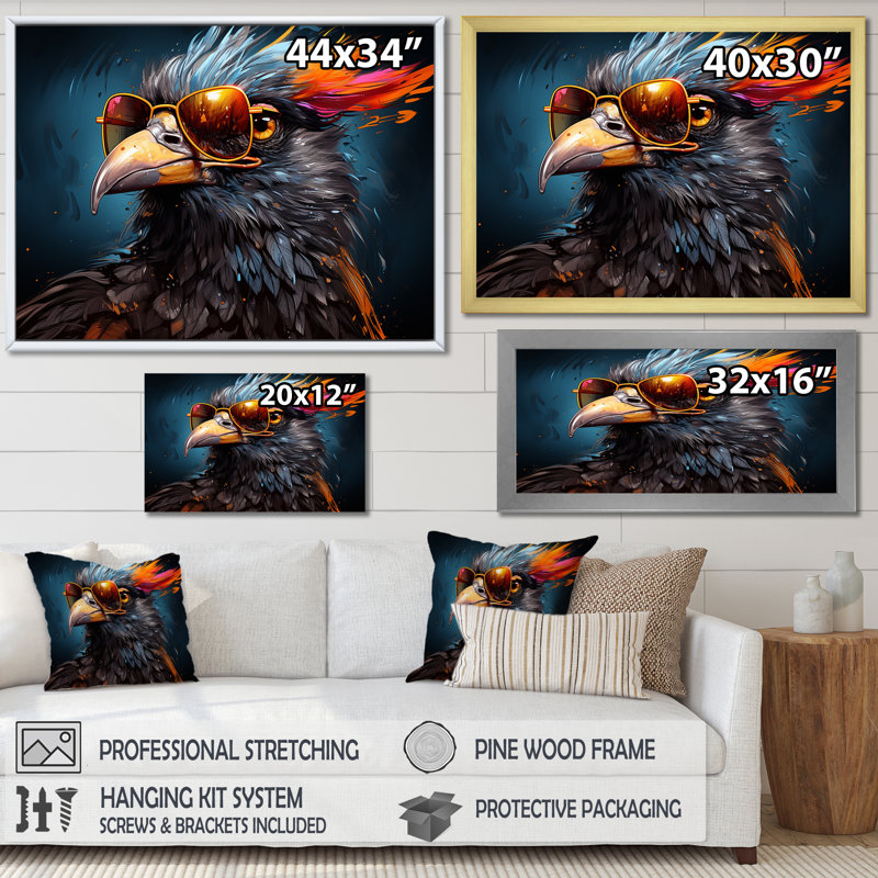 Cool Bird Abstract Aviators sur toile, Cadre simple blanc, H 30 po x l 40 po x P 1,5 po