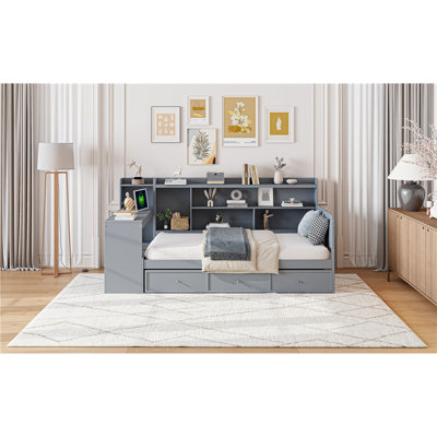 Wooden Daybed With 3 Drawers, USB Ports And Desk 